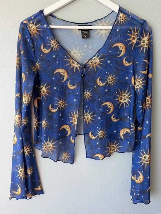 Cosmic Aura Tops - Cosmic Aura celestial sun and moon print sheer mesh crop shrug Women’s sz M
